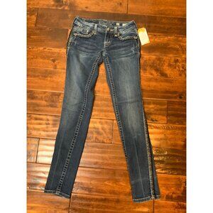 Miss Me Dark Wash Skinny Denim Jeans W/  Metallic Embroidery, Size 25